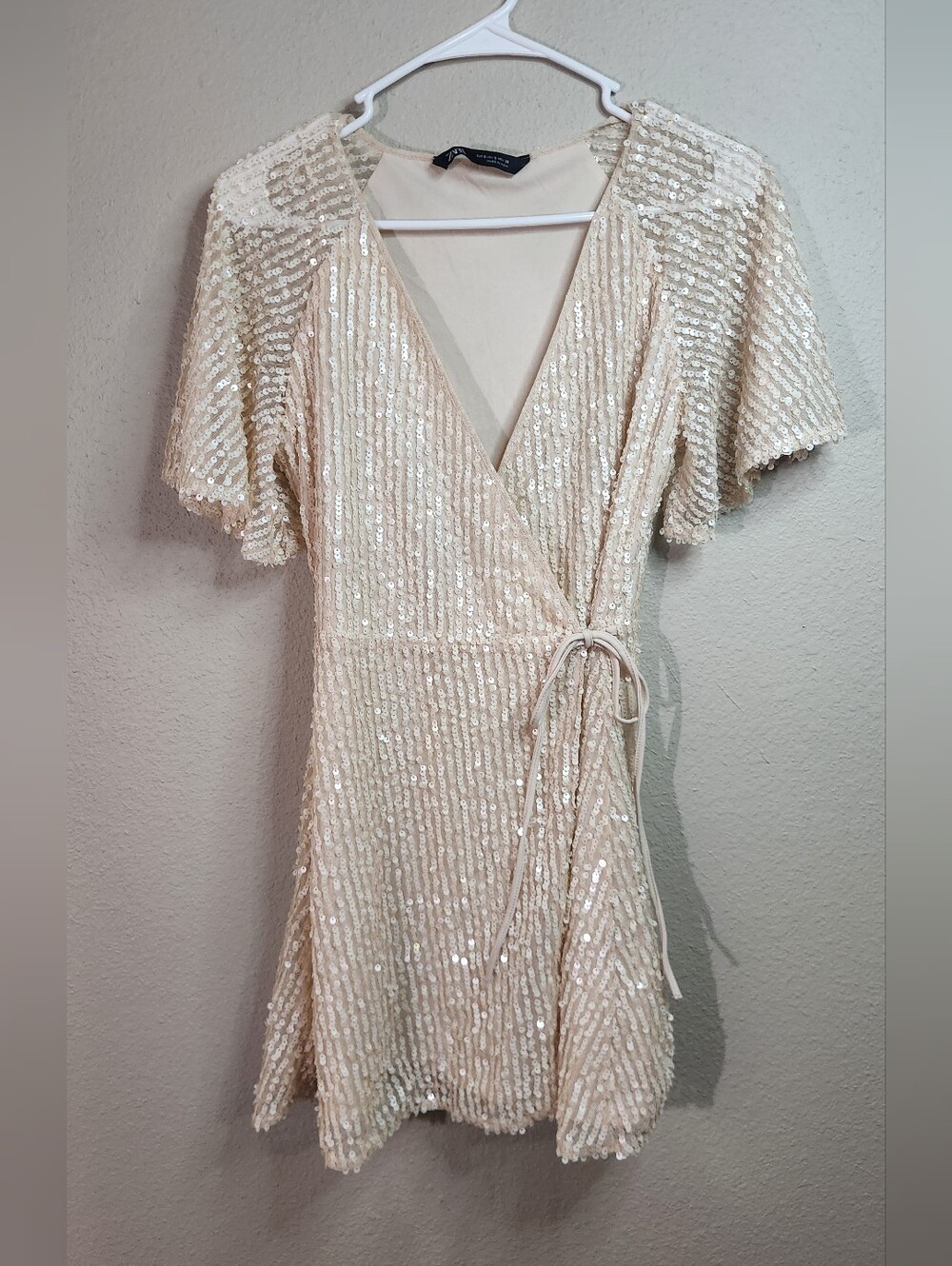 Zara Ivory Sequin Wrap Dress Size Small